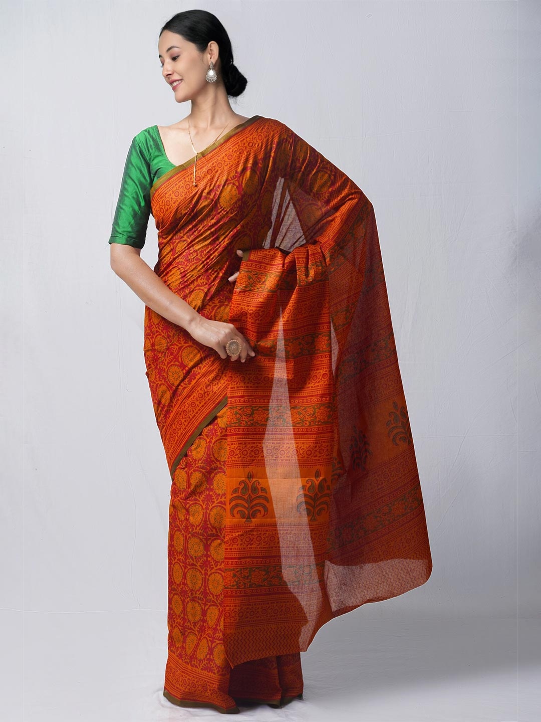 

Unnati Silks Orange & Red Ethnic Motifs Pure Cotton Block Print Saree