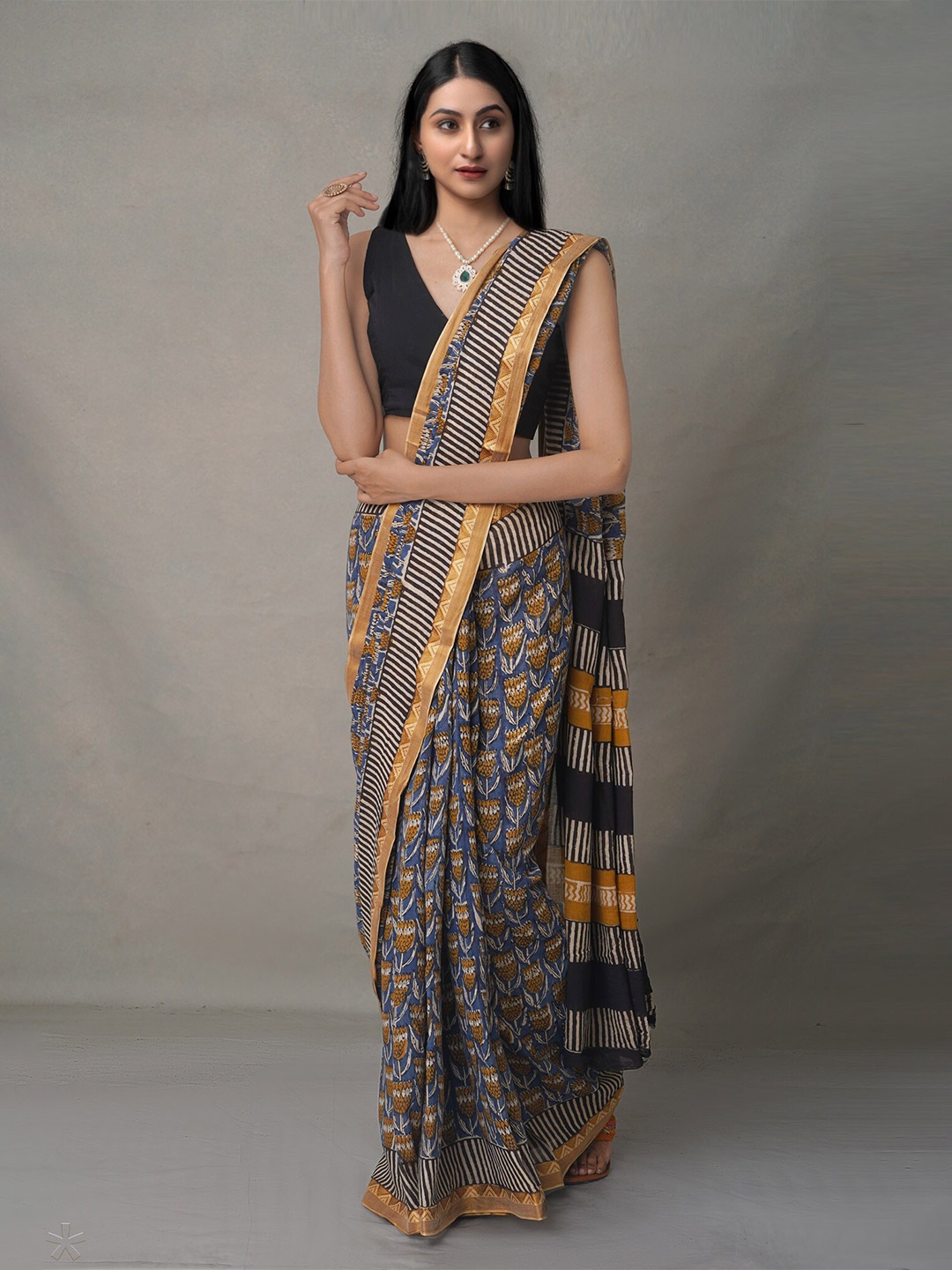 

Unnati Silks Blue & Mustard Ethnic Motifs Pure Cotton Block Print Saree