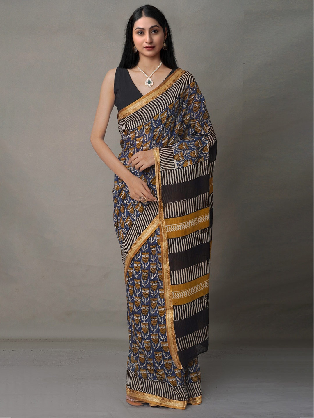 

Unnati Silks Blue & Black Ethnic Motifs Pure Cotton Block Print Saree