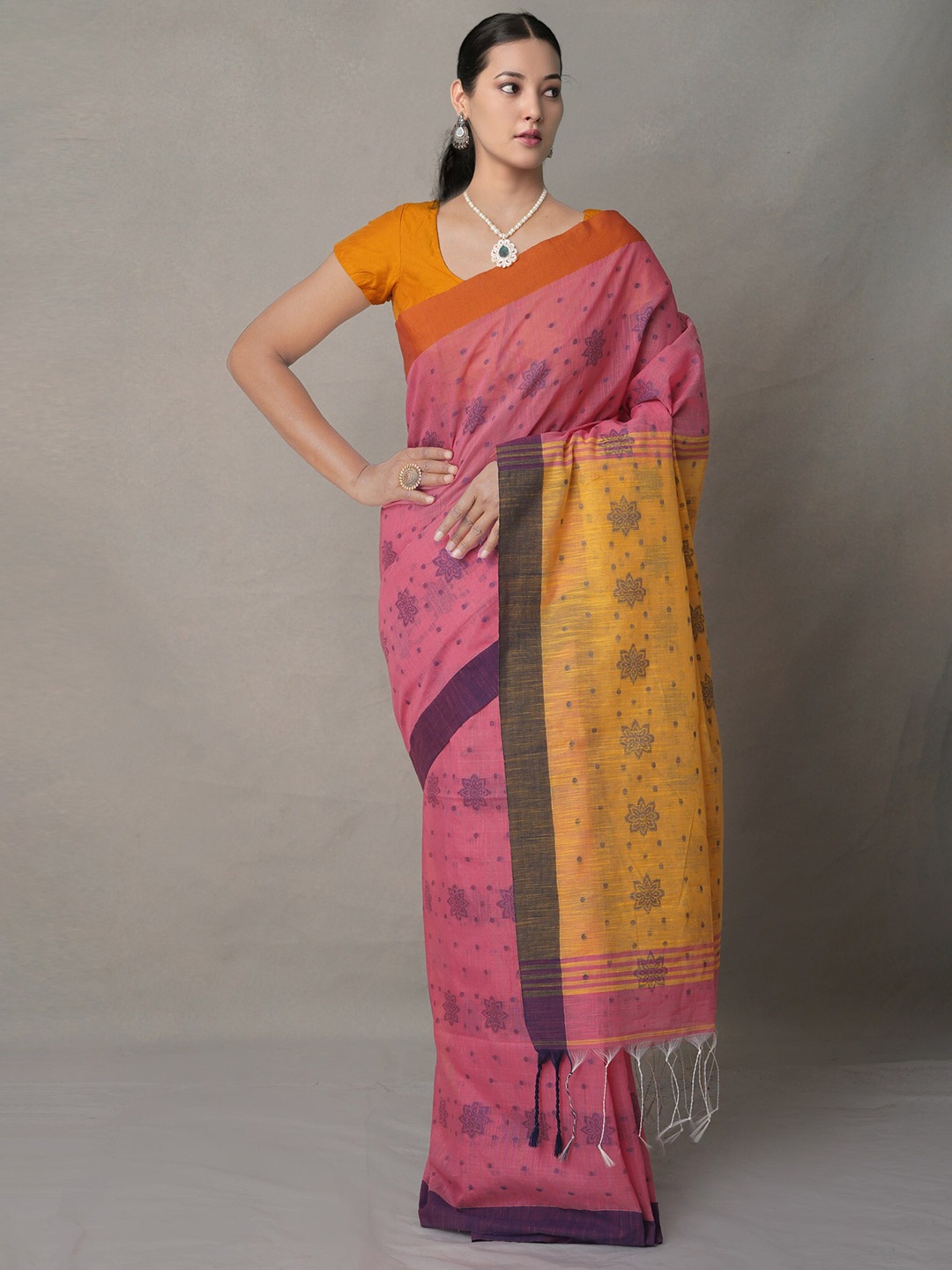 

Unnati Silks Pink & Yellow Woven Design Pure Linen Jamdani Saree