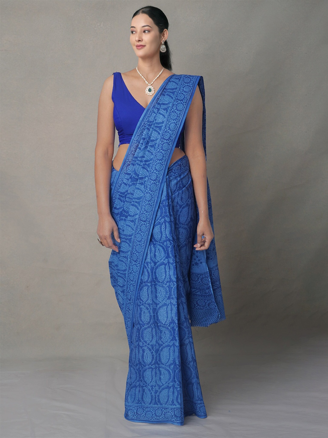 

Unnati Silks Blue Ethnic Motifs Pure Cotton Block Print Saree