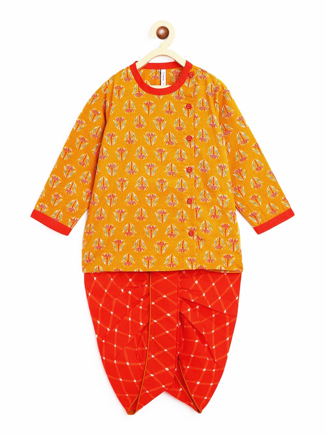 

Campana Boys Mustard Yellow Ethnic Motifs Printed Angrakha Pure Cotton Kurta with Dhoti Pants