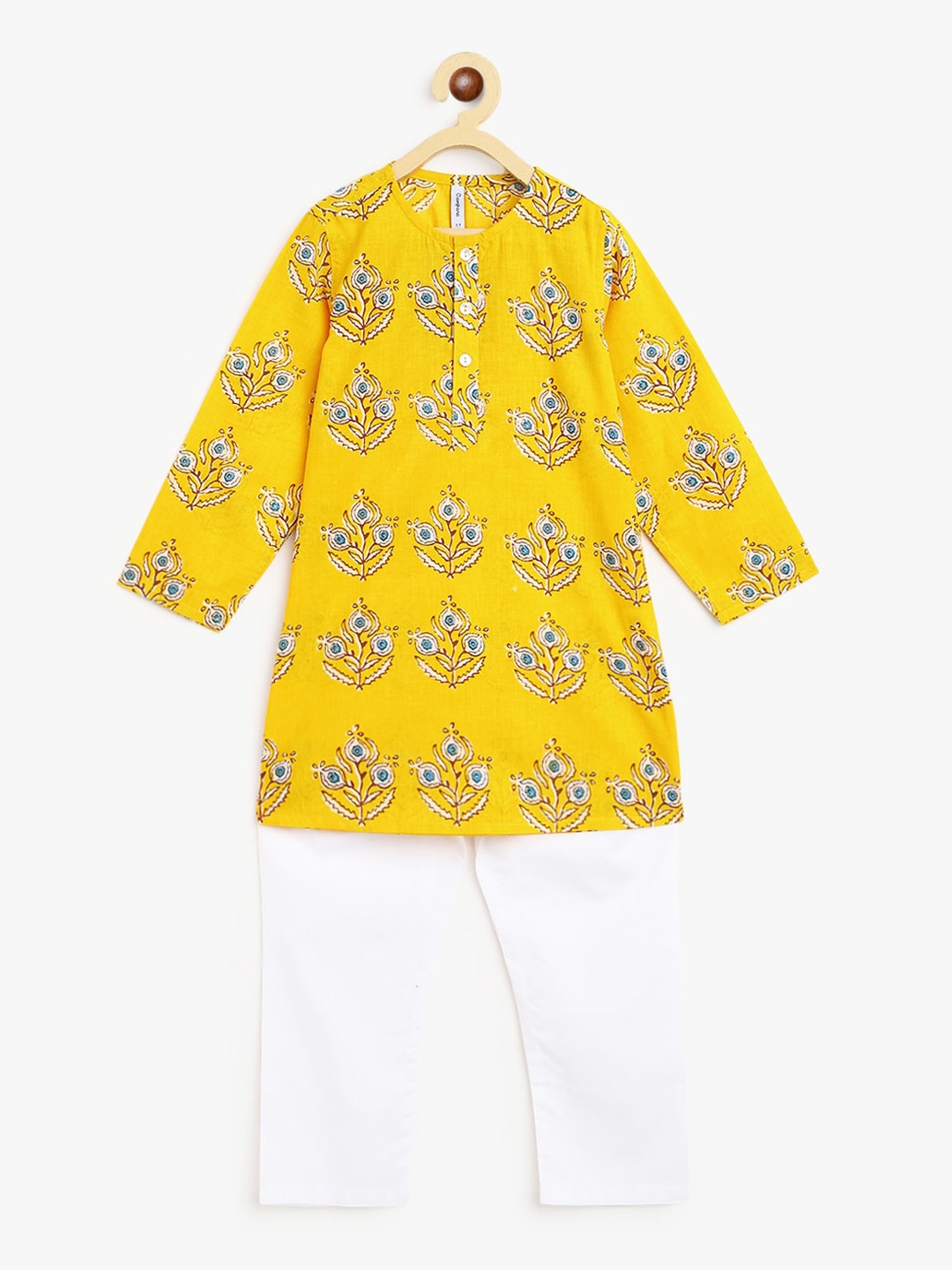 

Campana Boys Yellow Bandhani Printed Pleated Pure Cotton Kurta with Pyjamas