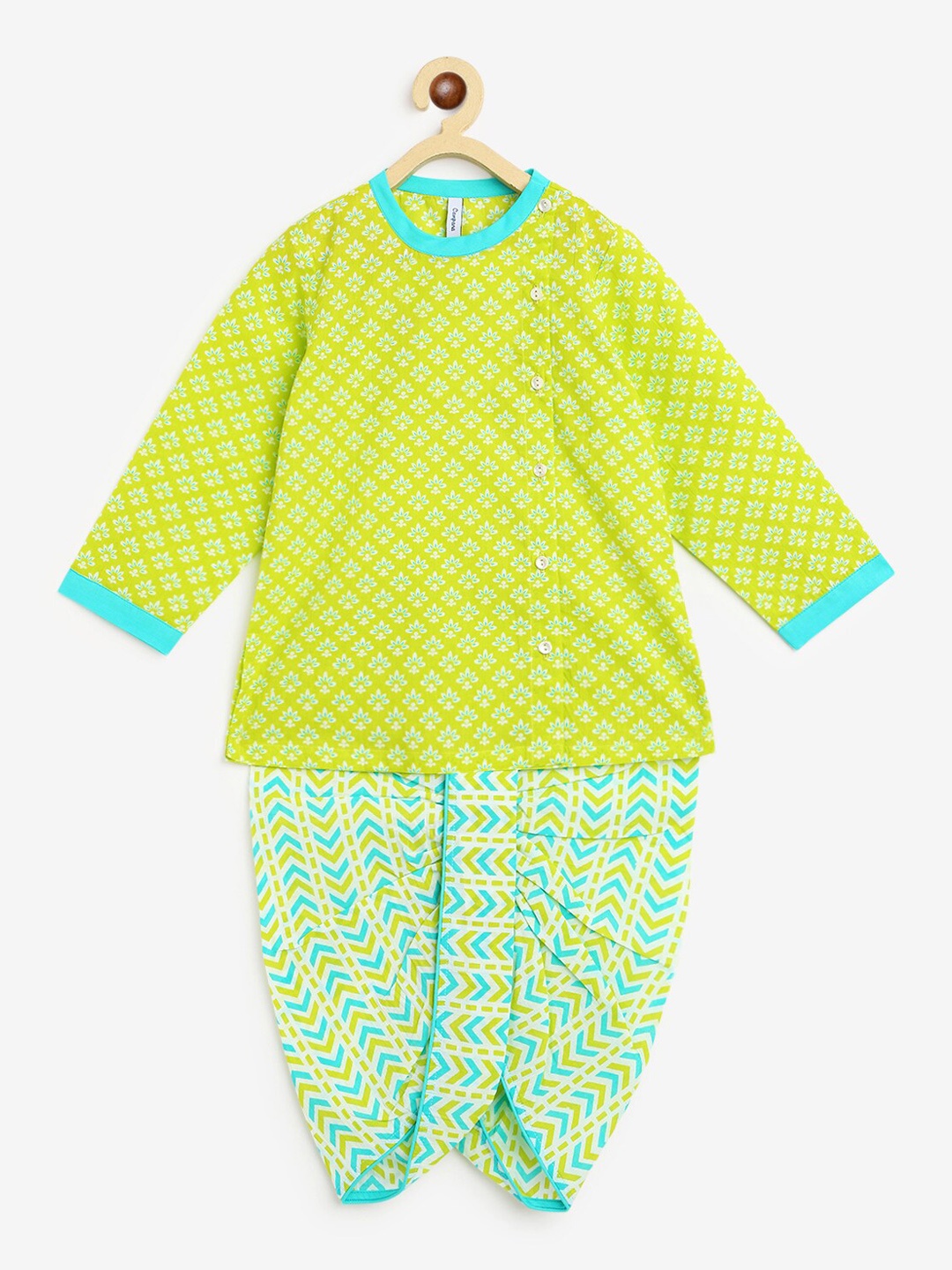 

Campana Boys Lime Green Bandhani Printed Angrakha Pure Cotton Kurta with Dhoti Pants