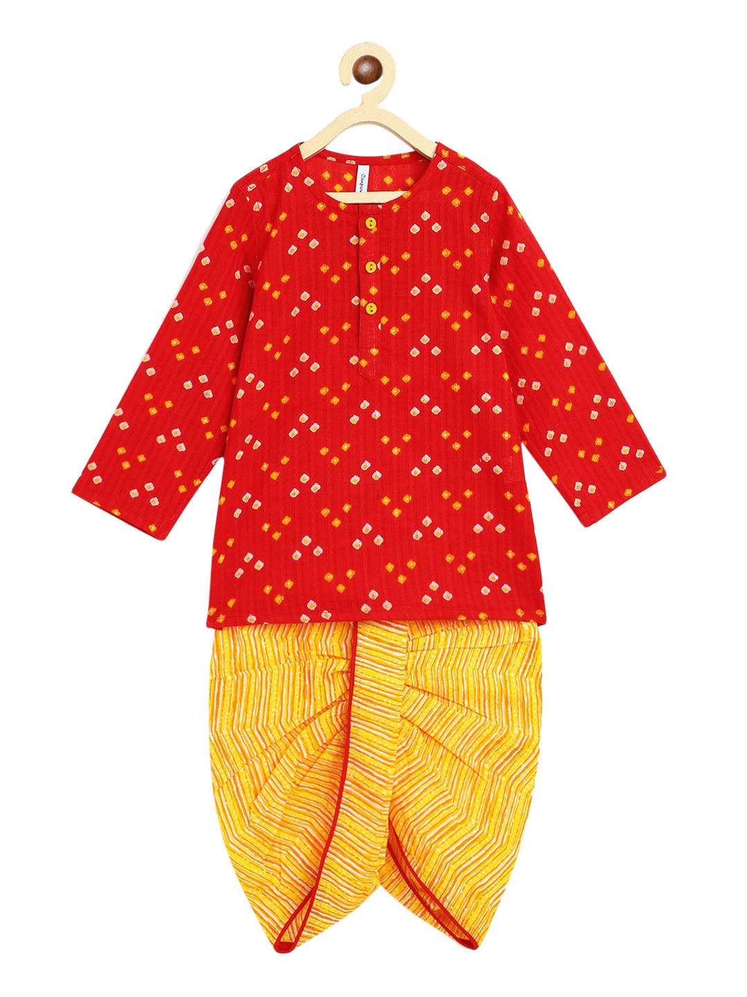 

Campana Boys Red Bandhani Printed Angrakha Pure Cotton Kurti with Dhoti Pants
