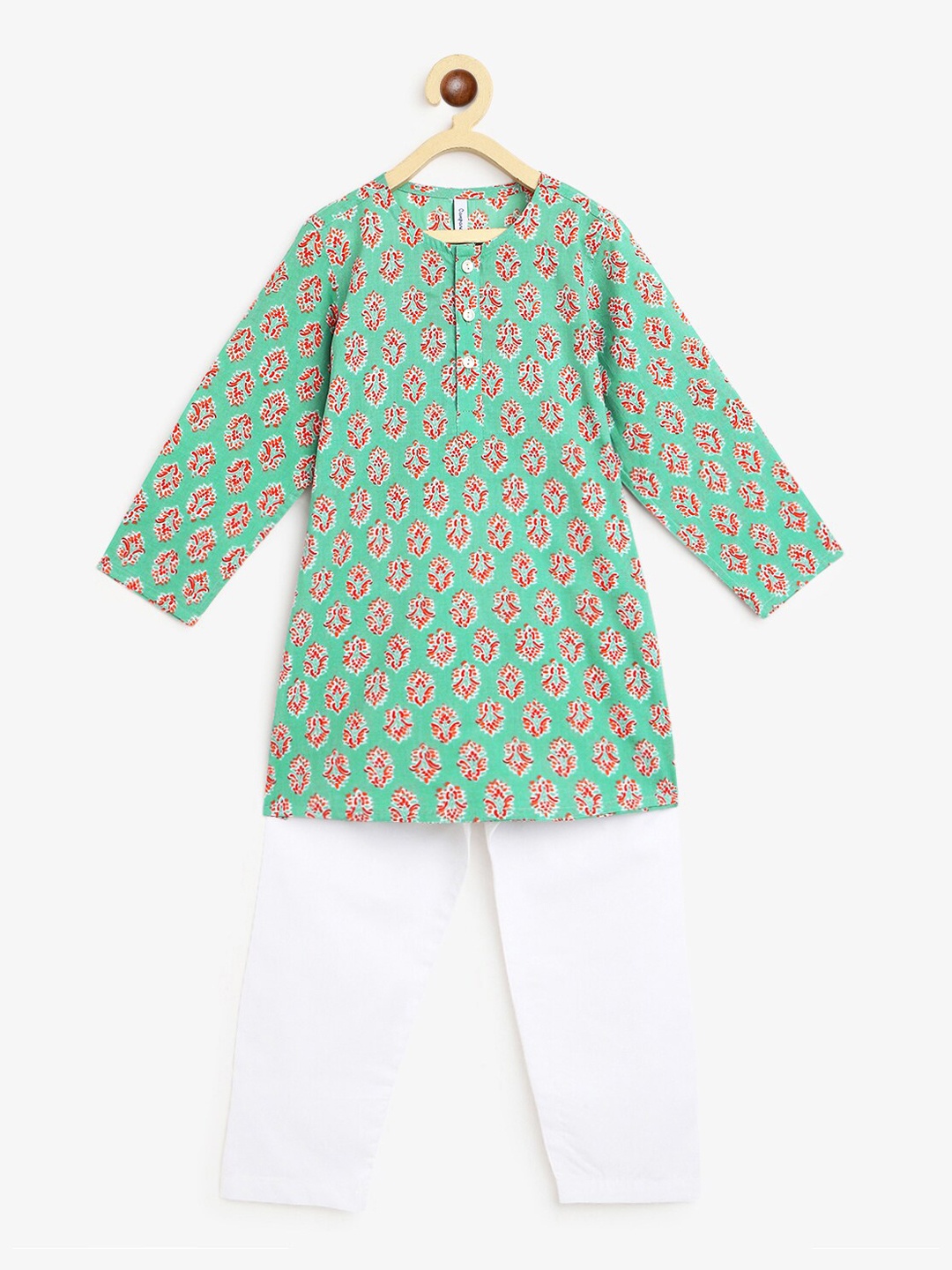 

Campana Boys Green Bandhani Striped Angrakha Pure Cotton Kurti with Pyjamas