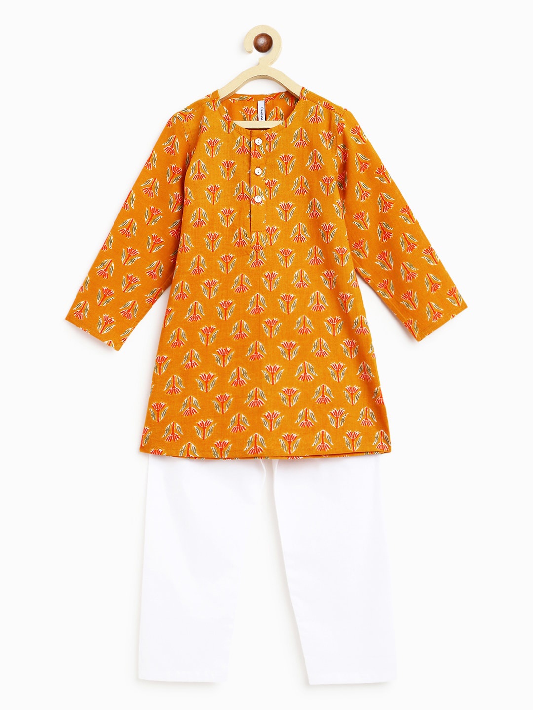 

Campana Boys Mustard Yellow Printed Angrakha Pure Cotton Kurta with Pyjamas