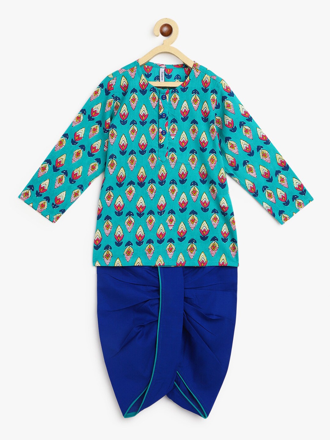 

Campana Boys Teal Printed Angrakha Pure Cotton Kurta with Dhoti Pants