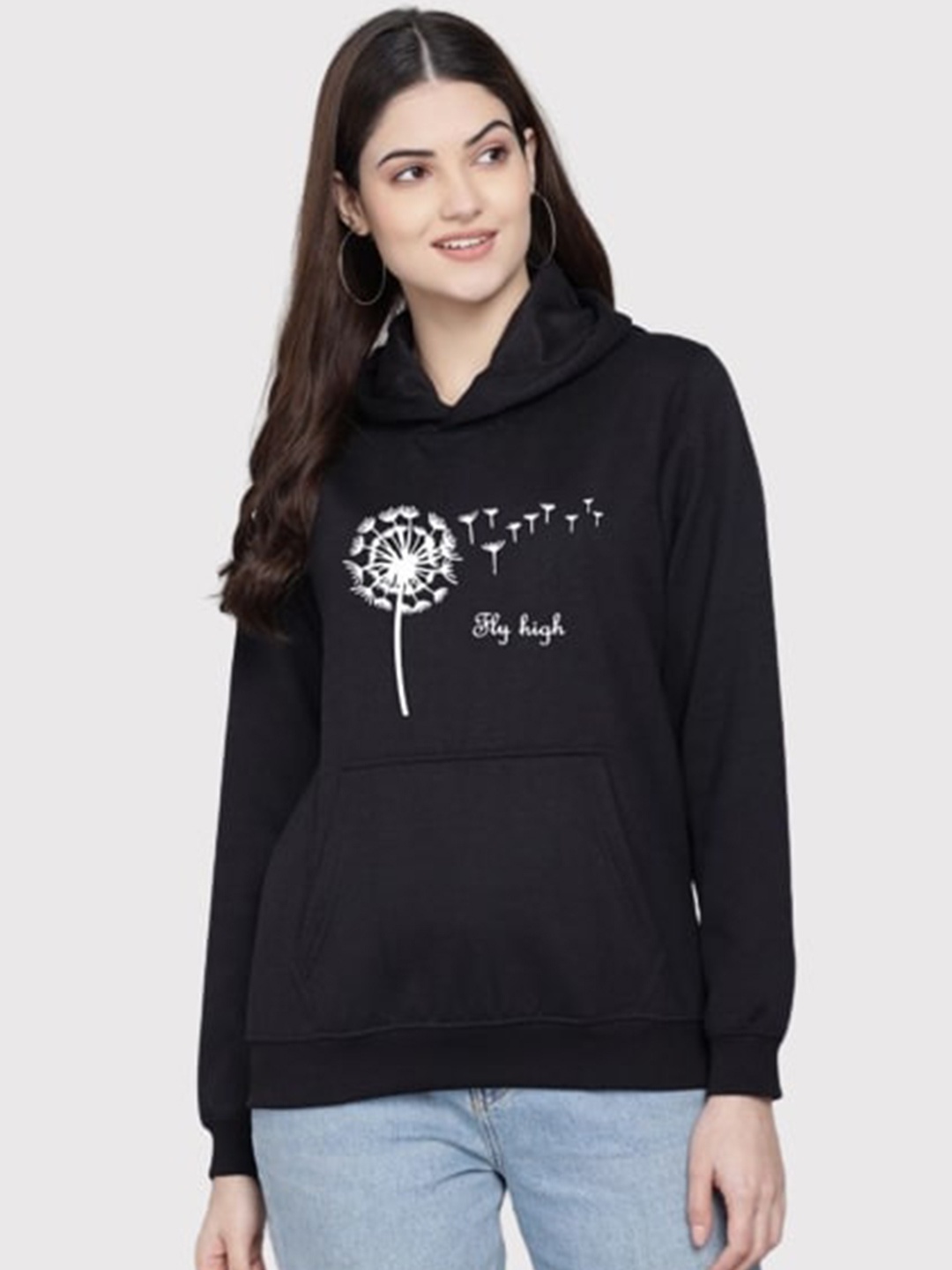 

PockMAN Women Black Printed Hooded Sweatshirt