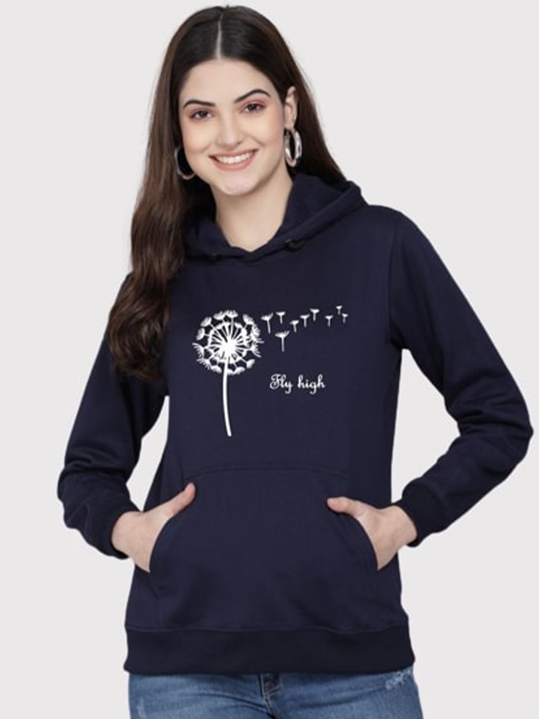 

PockMAN Women Blue Printed Hooded Sweatshirt