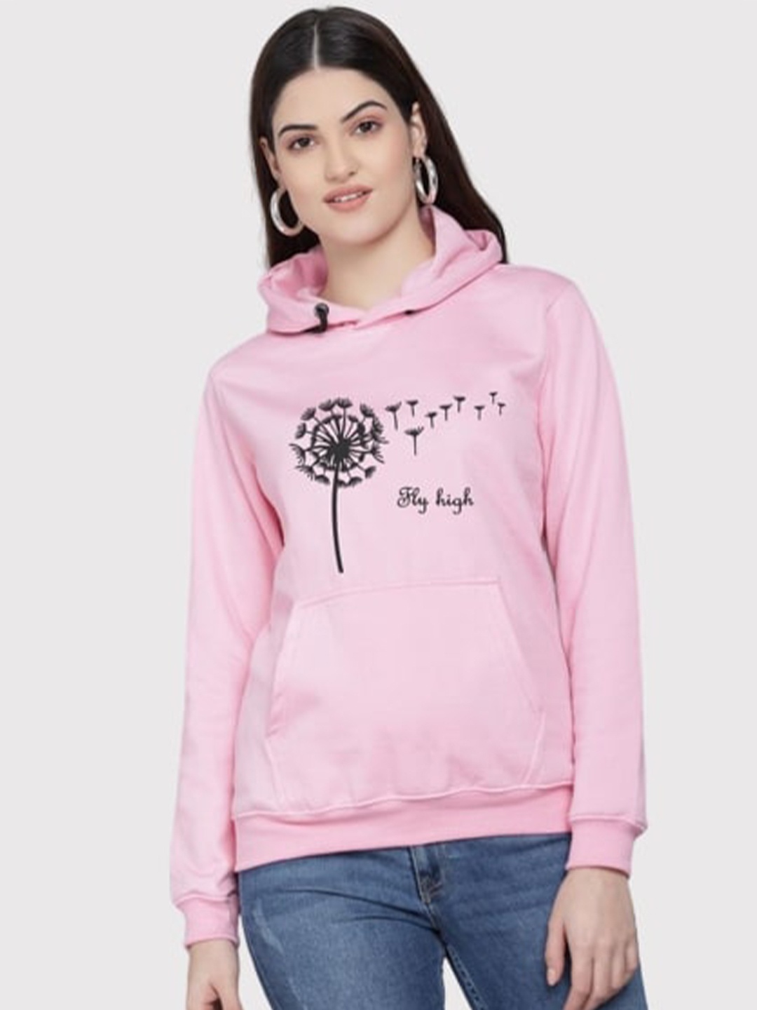 

PockMAN Women Pink Printed Hooded Sweatshirt