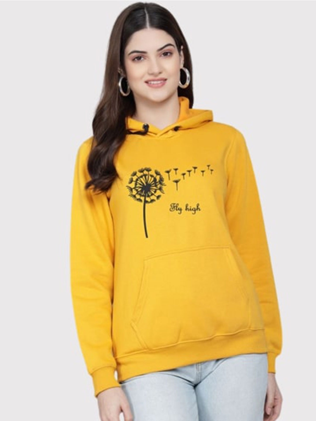 

PockMAN Women Mustard Printed Hooded Sweatshirt