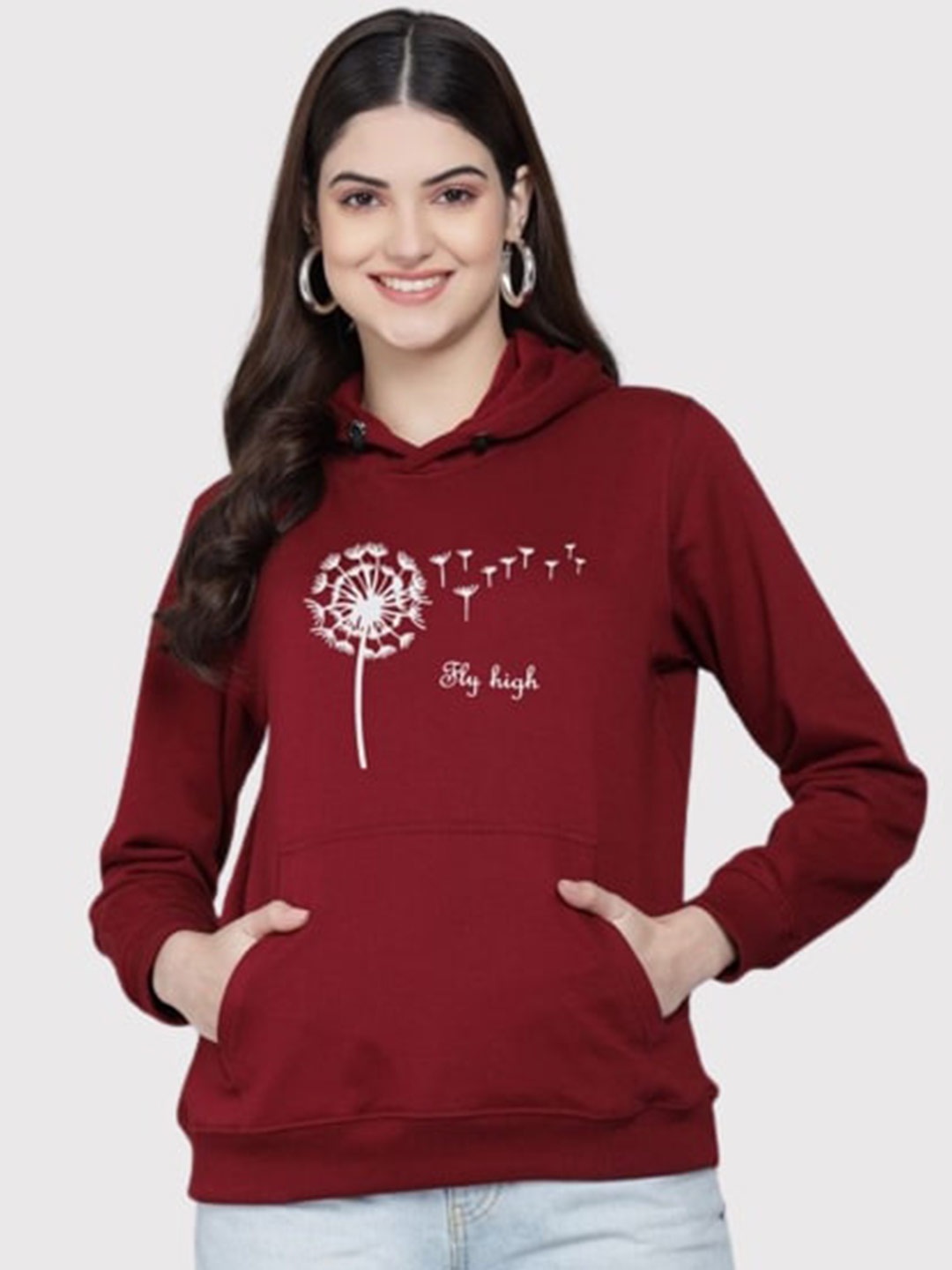 

PockMAN Women Maroon Printed Hooded Sweatshirt