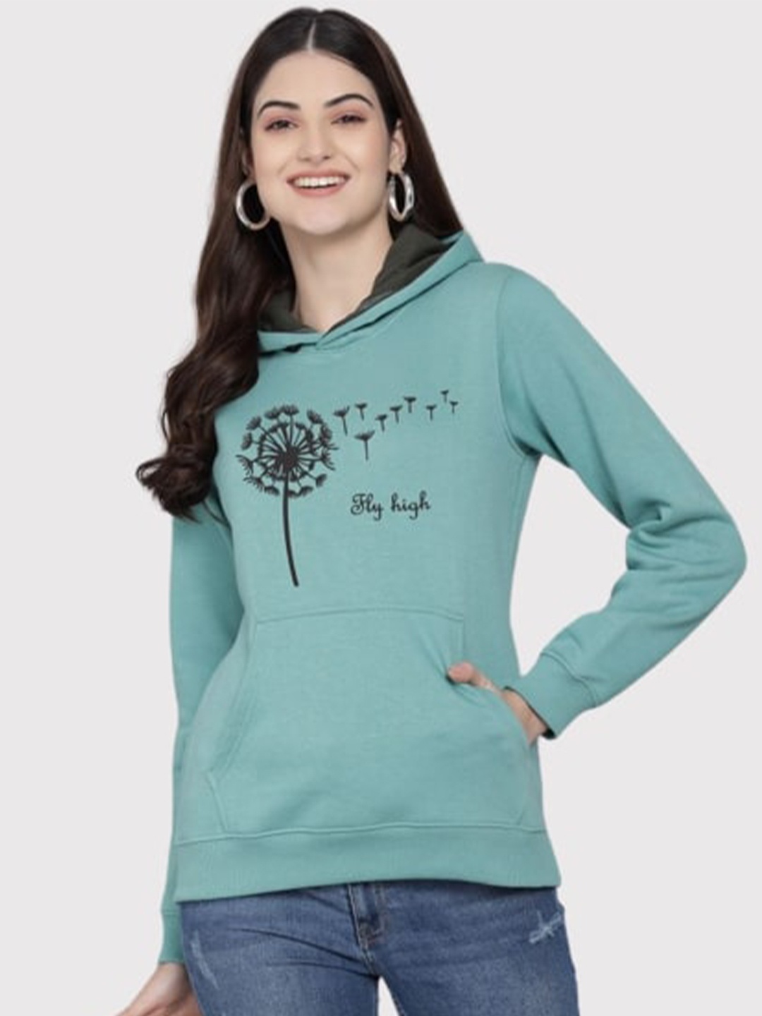 

PockMAN Women Green Embroidered Hooded Sweatshirt