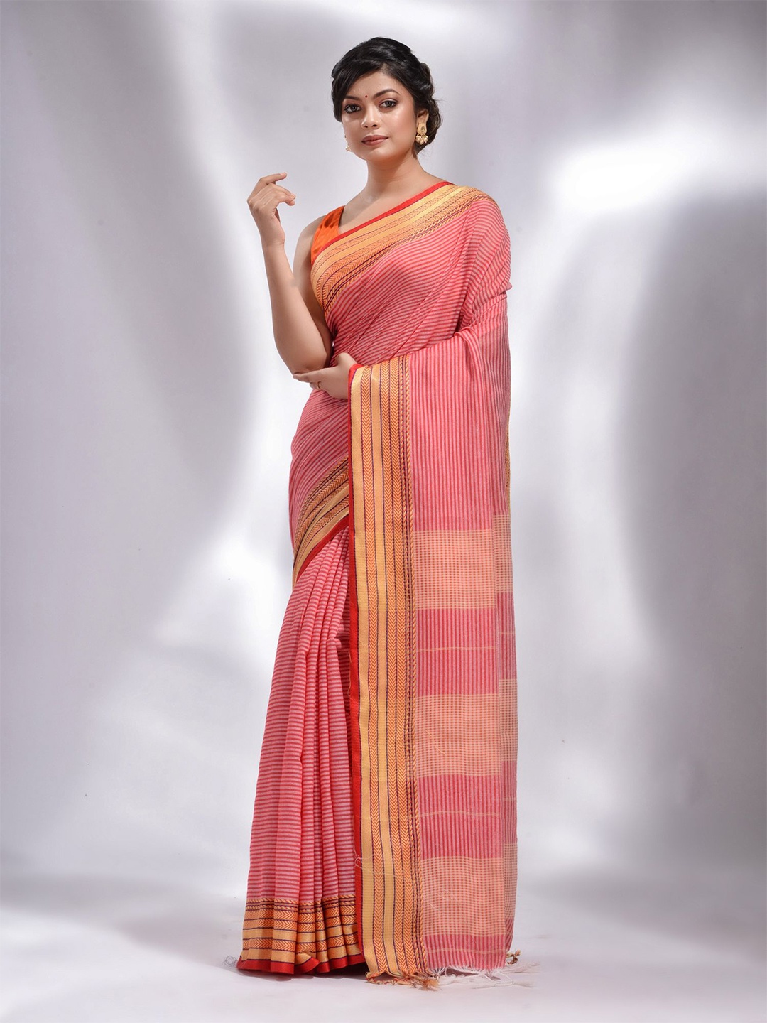 

Charukriti Red & Brown Woven Design Pure Cotton Saree