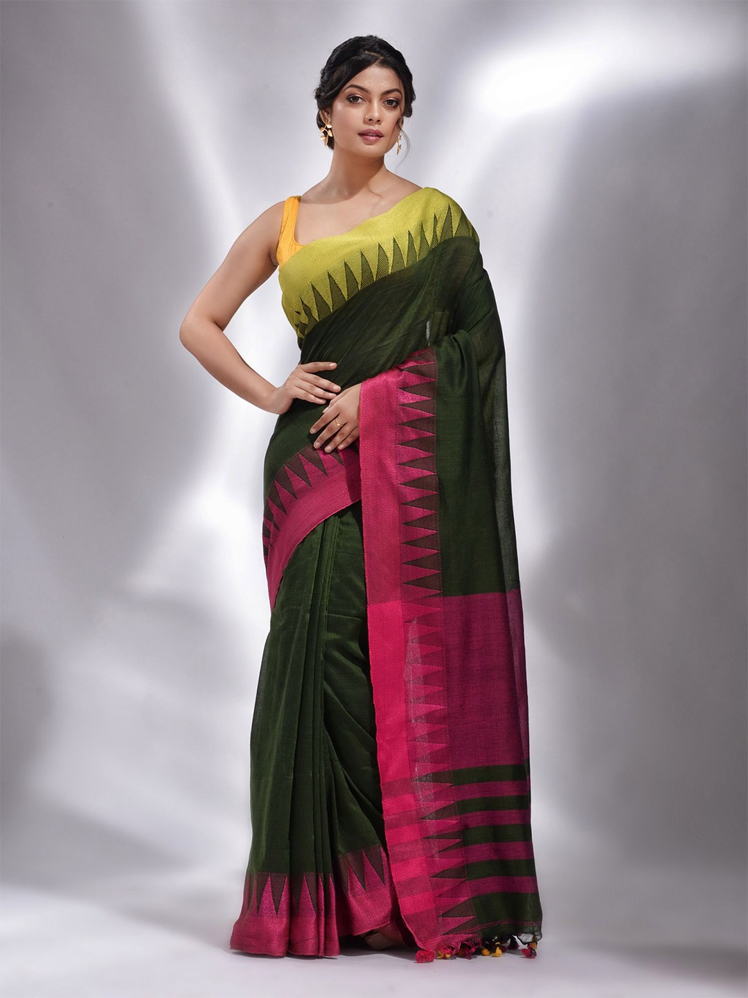 

Charukriti Green & Navy Blue Woven Design Pure Cotton Saree