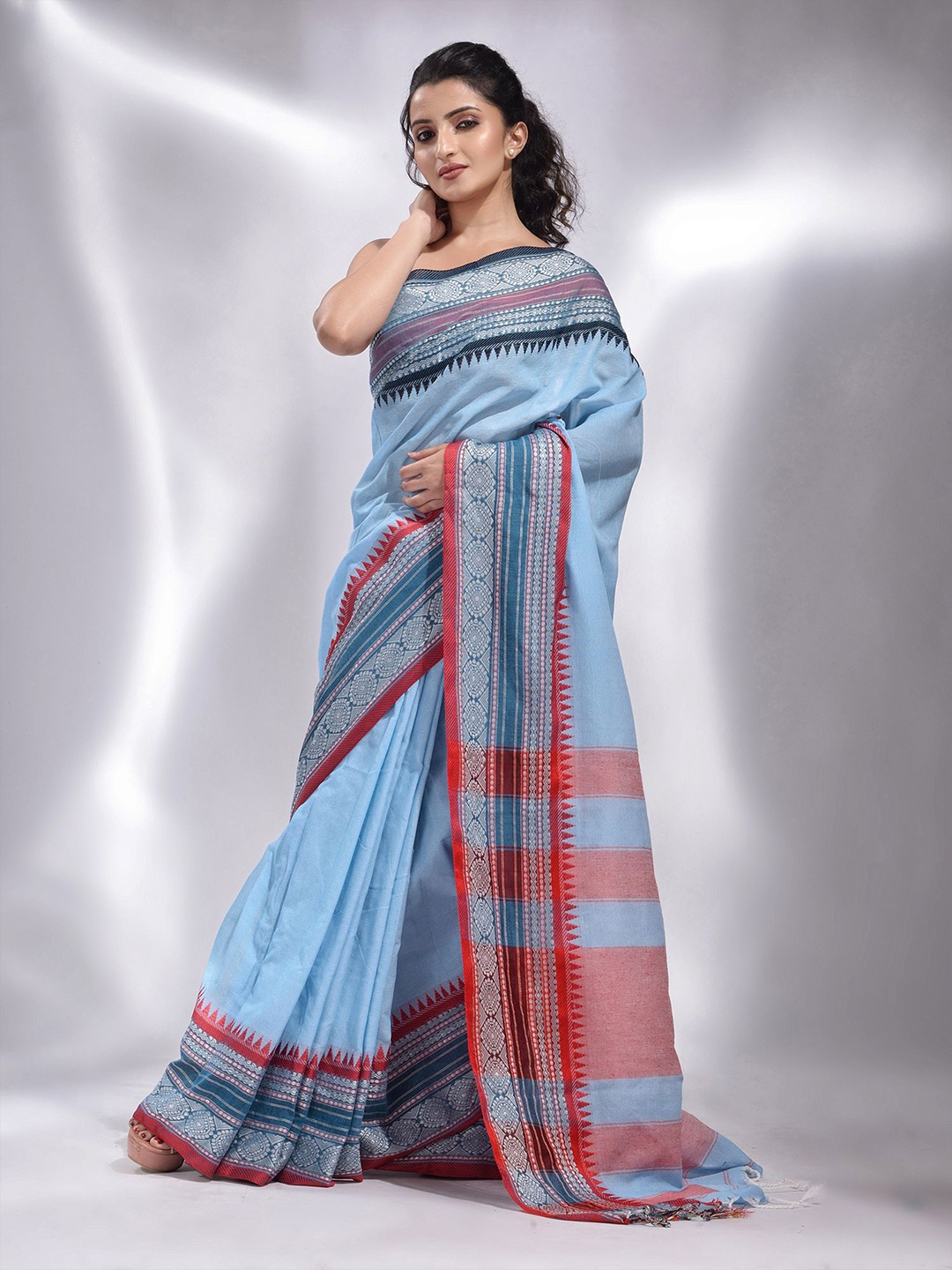 

Charukriti Blue & Red Woven Design Zari Pure Cotton Saree