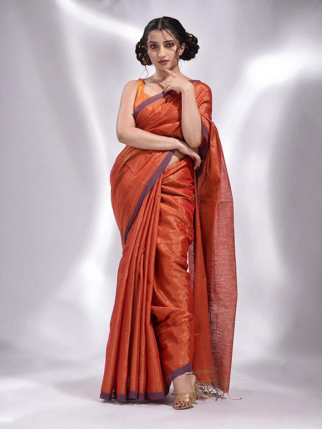 

Charukriti Red & Purple Woven Design Tissue Saree
