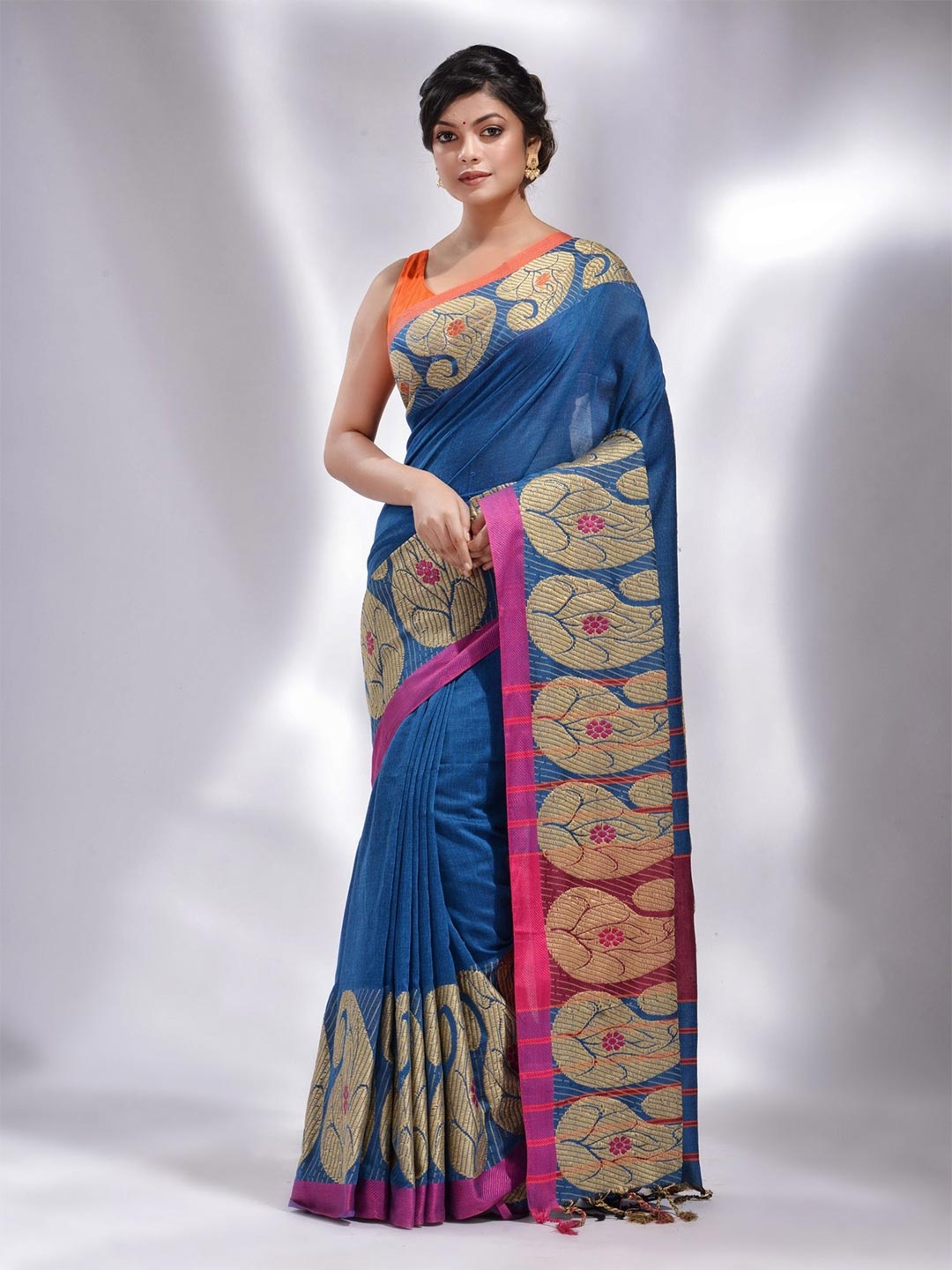 

Charukriti Blue & Pink Woven Design Zari Pure Cotton Saree