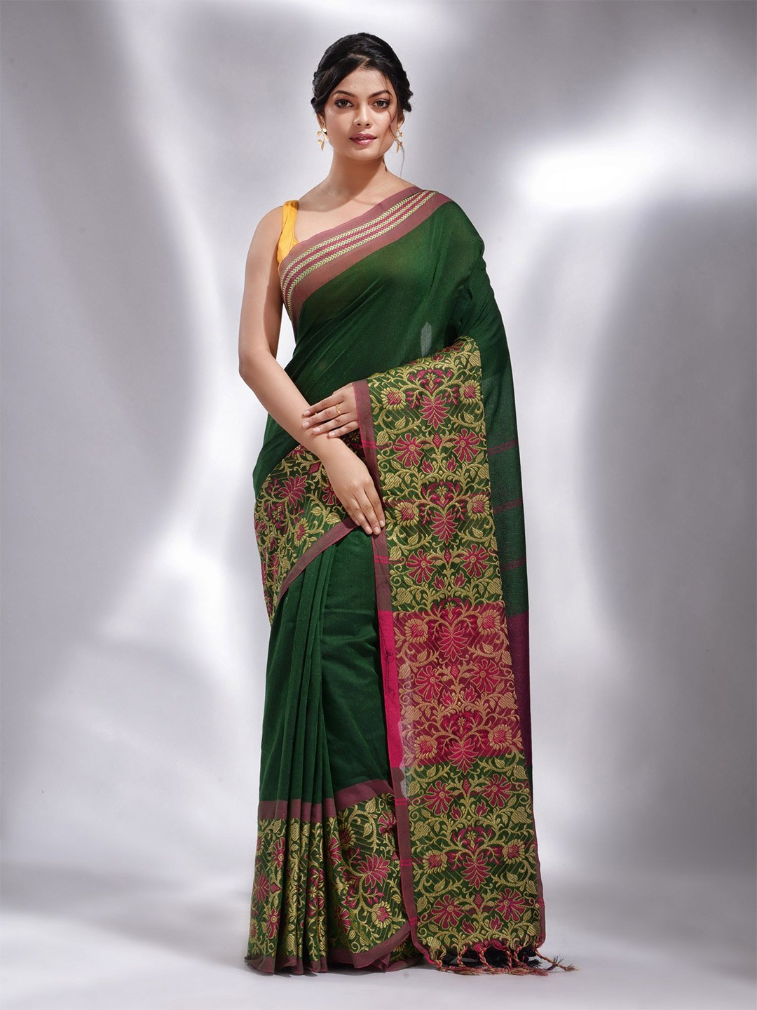 

Charukriti Green & Pink Woven Design Pure Cotton Saree