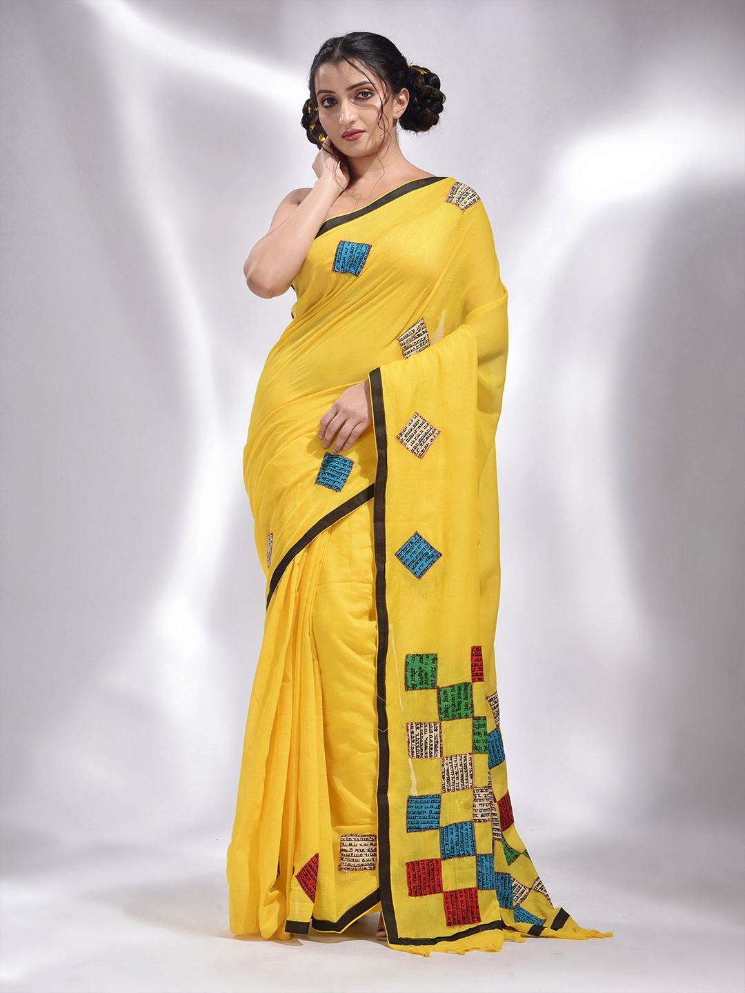 

Charukriti Yellow & Blue Woven Design Pure Cotton Saree