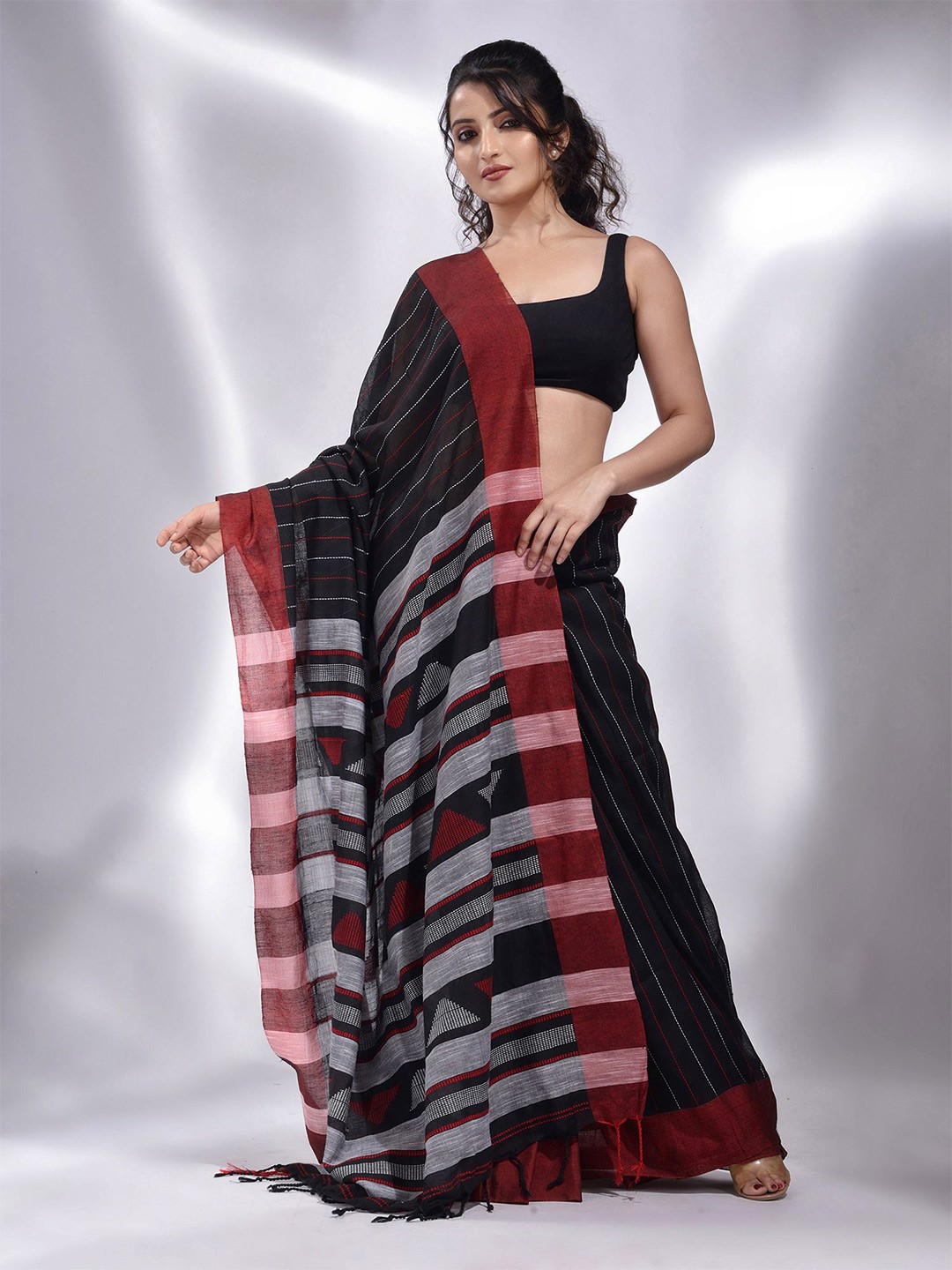 

Charukriti Black & Red Woven Design Zari Pure Cotton Saree