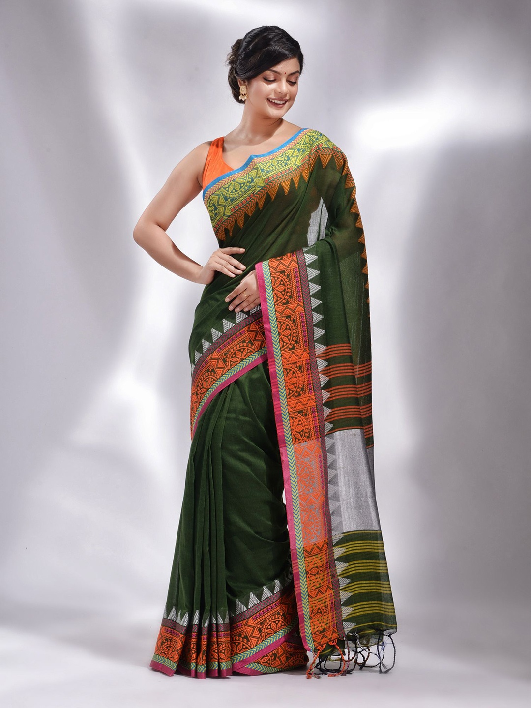 

Charukriti Green & Orange Woven Design Pure Cotton Saree