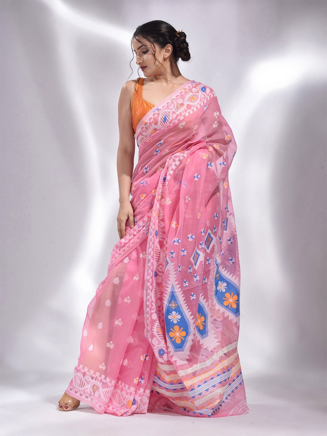 

Charukriti Pink & Blue Woven Design Silk Cotton Jamdani Saree