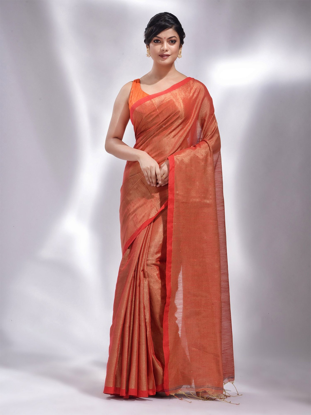 

Charukriti Orange & Gold-Toned Woven Design Tissue Saree
