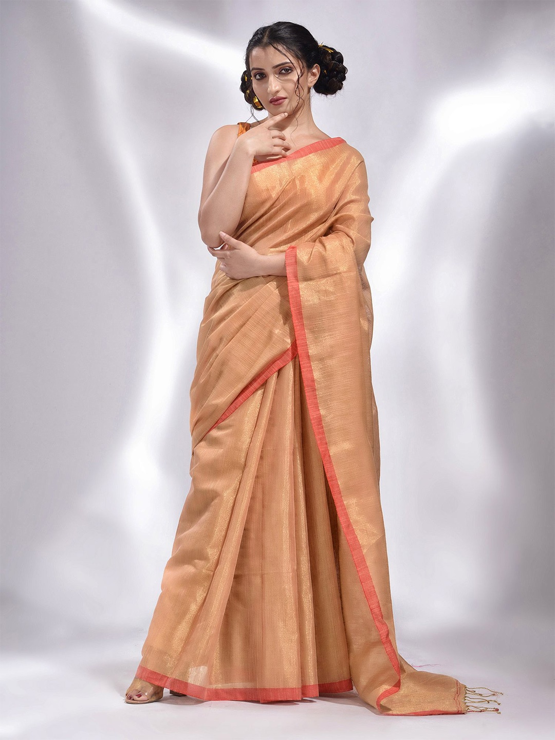 

Charukriti Beige & Gold-Toned Woven Design Tissue Saree