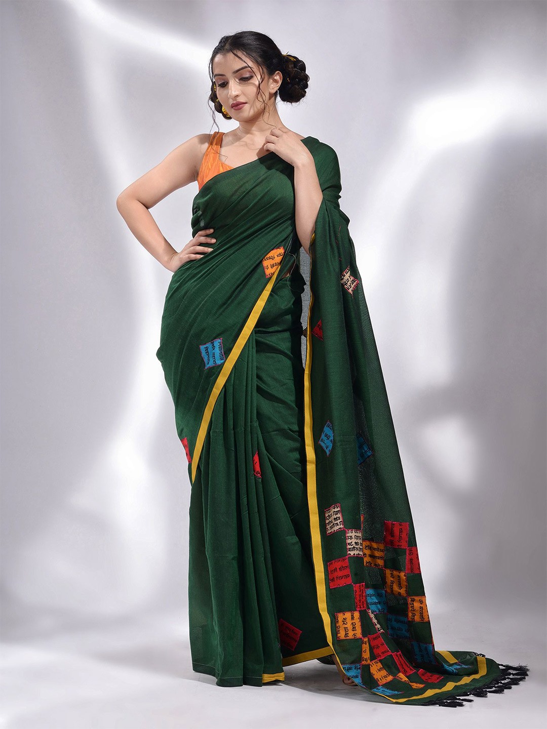 

Charukriti Green & Orange Woven Design Pure Cotton Saree