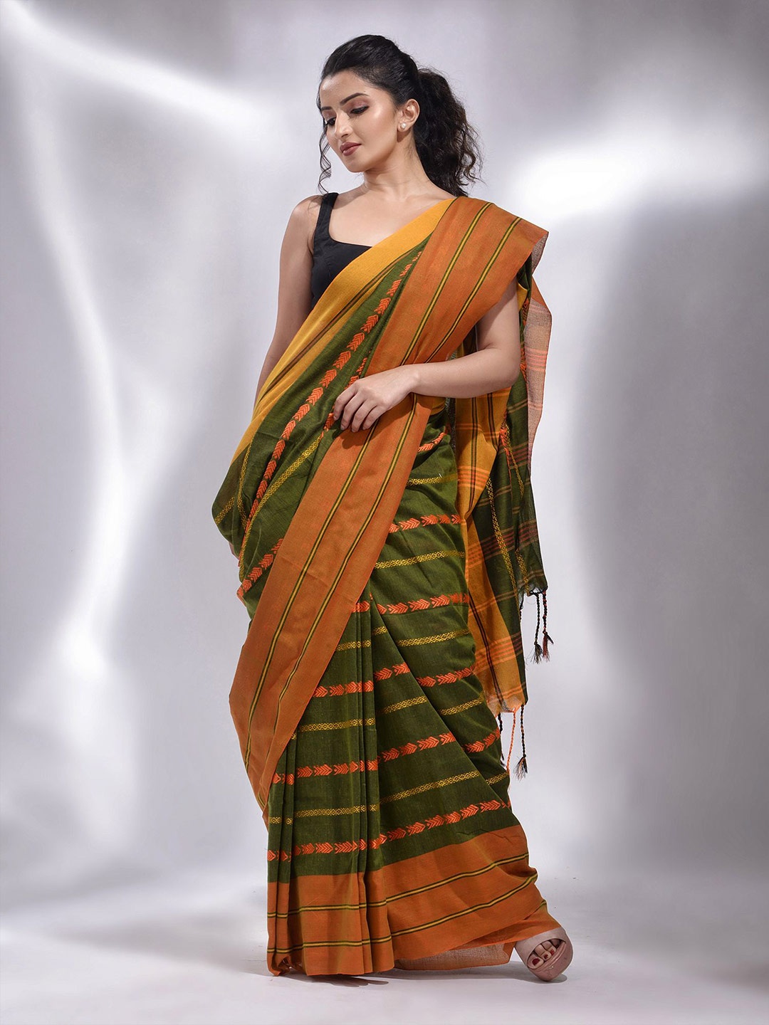 

Charukriti Green & Orange Woven Design Pure Cotton Saree