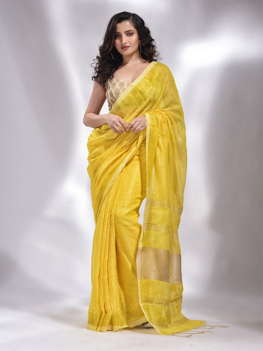 

Charukriti Yellow & Gold-Toned Woven Design Pure Cotton Saree