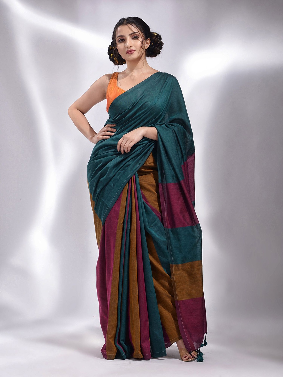 

Charukriti Teal & Brown Woven Design Pure Cotton Saree