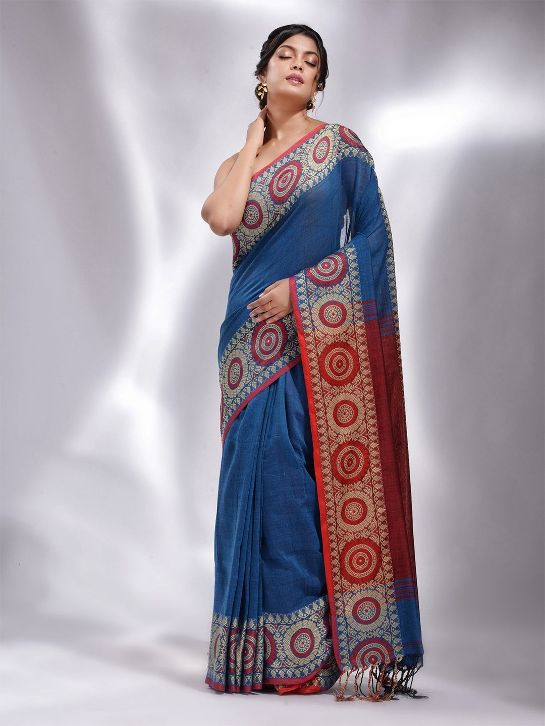

Charukriti Blue & Red Woven Design Zari Pure Cotton Saree
