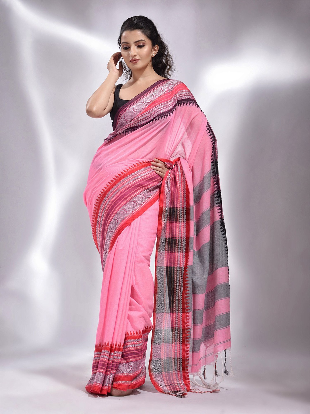 

Charukriti Pink & Grey Woven Design Pure Cotton Saree