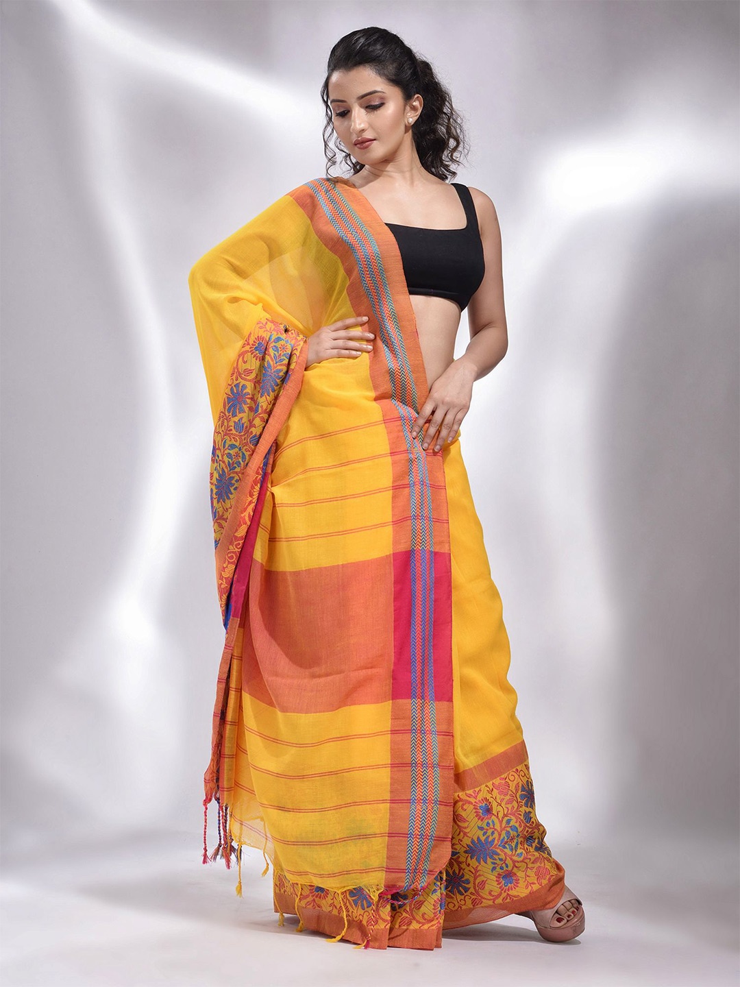 

Charukriti Yellow & Pink Woven Design Pure Cotton Saree