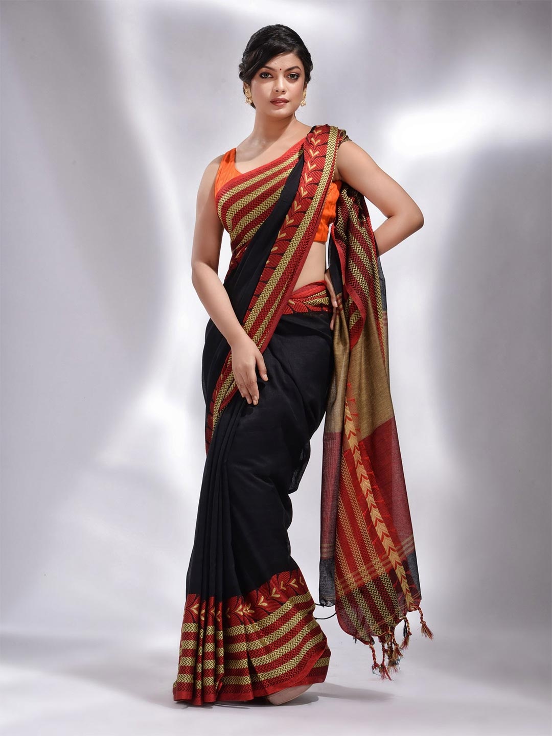 

Charukriti Black & Red Striped Pure Cotton Saree