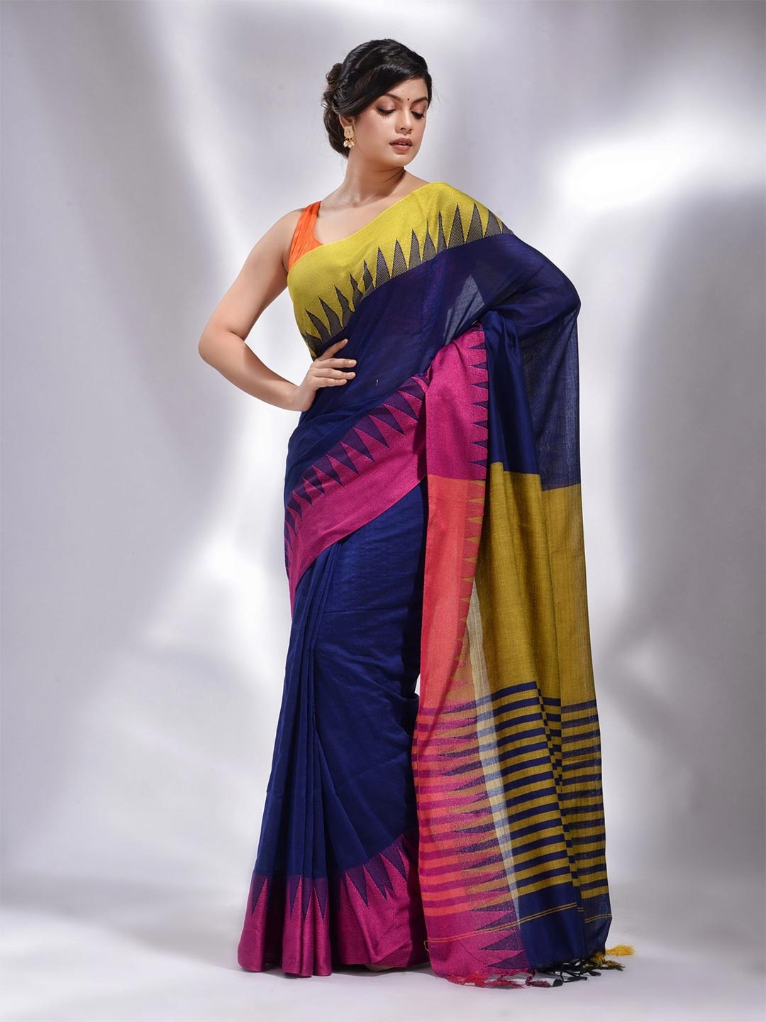 

Charukriti Blue & Mustard Woven Design Pure Cotton Saree