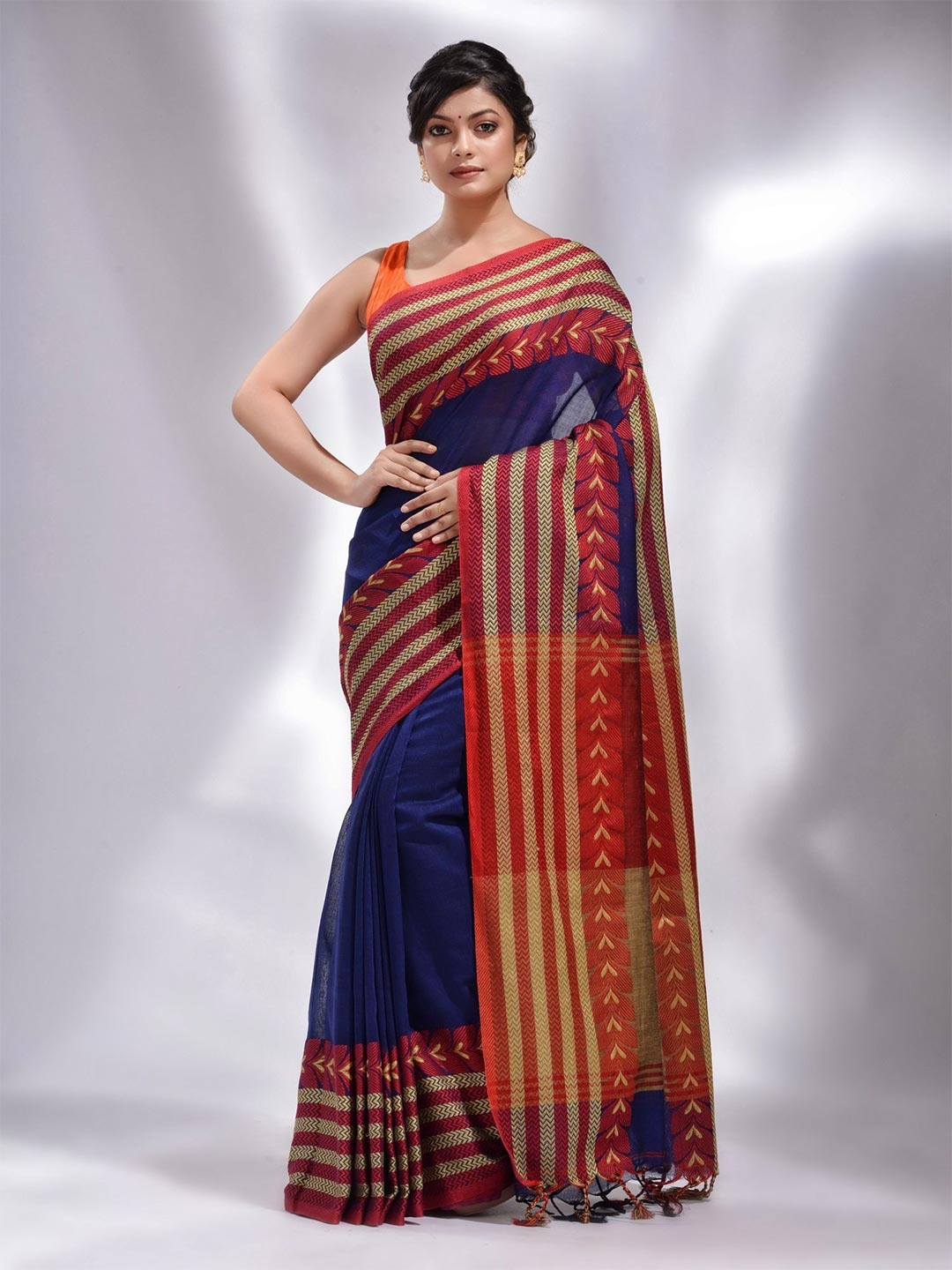 

Charukriti Blue & Red Striped Pure Cotton Saree