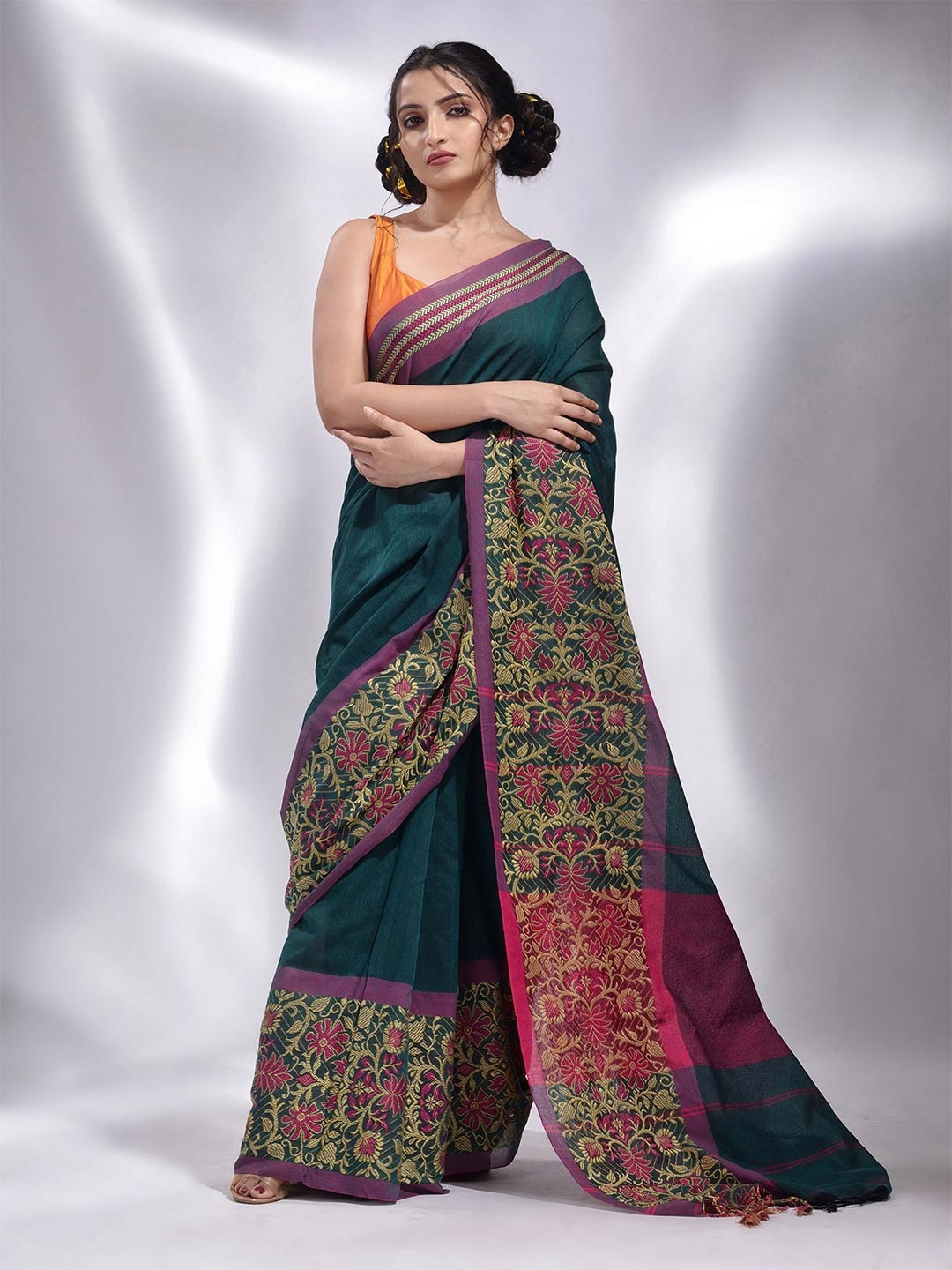 

Charukriti Teal & Pink Woven Design Pure Cotton Saree