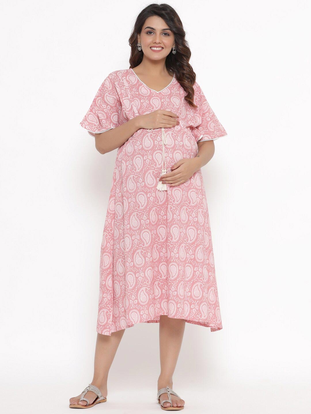 

Ikk Kudi by Seerat Pink Printed Maternity & Nursing Cotton Midi Kaftan Dress