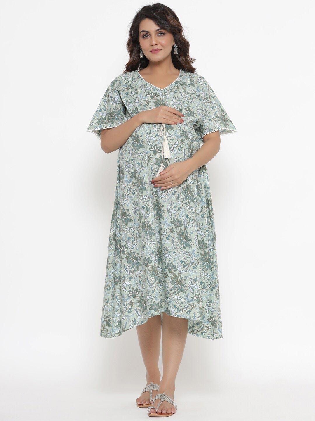 

Ikk Kudi by Seerat Green Printed Maternity & Nursing Cotton Midi Kaftan Dress