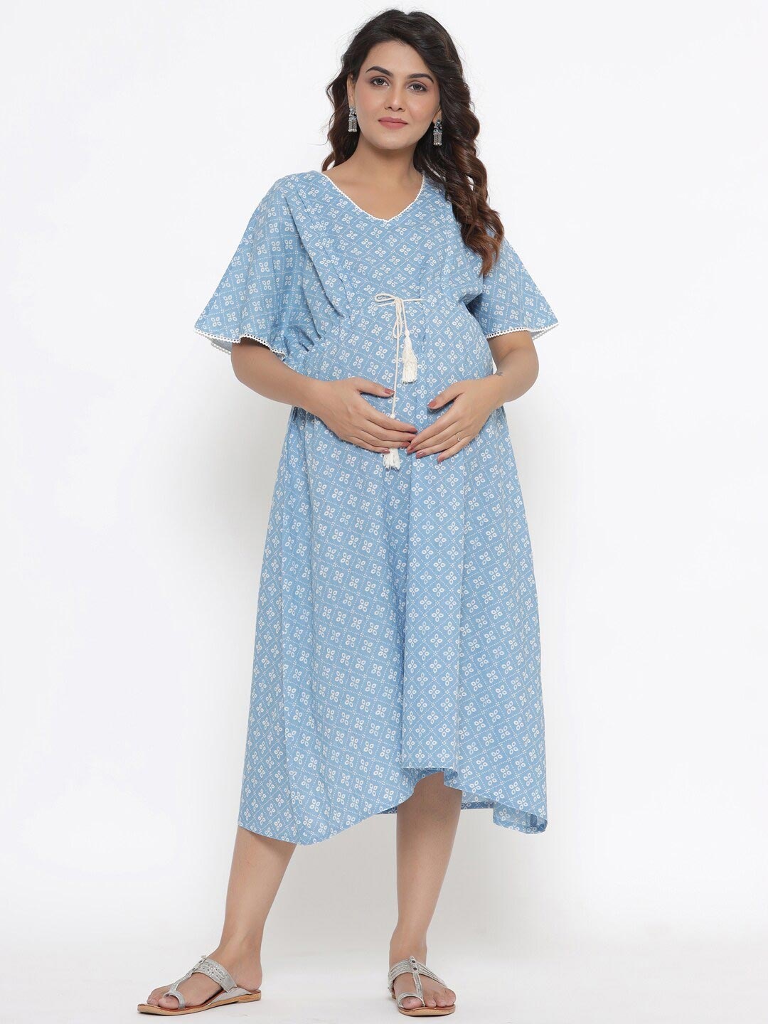 

Ikk Kudi by Seerat Blue Printed Maternity & Nursing Cotton Midi Kaftan Dress