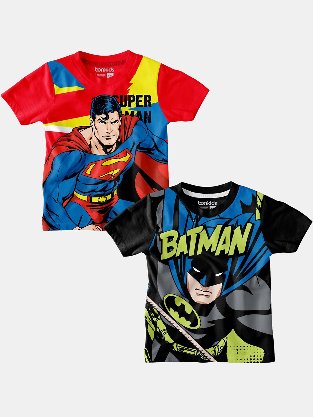 

BONKIDS Boys Multicoloured & black 2 Batman Printed Applique T-shirt, Multi