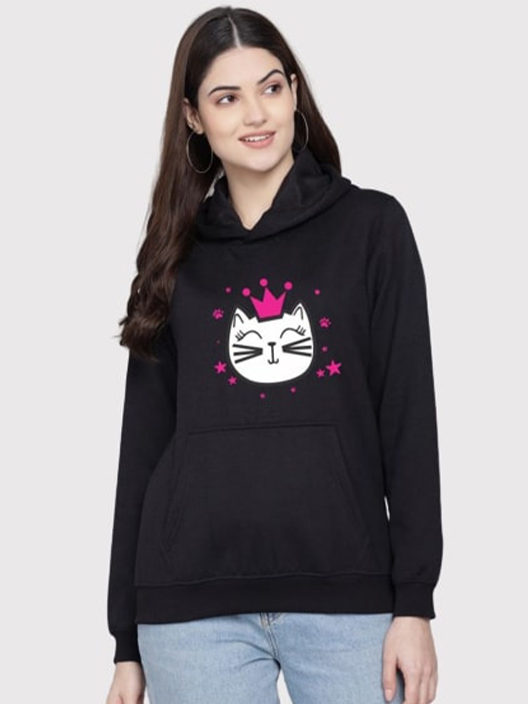 

PockMAN Women Black Printed Hooded Sweatshirt