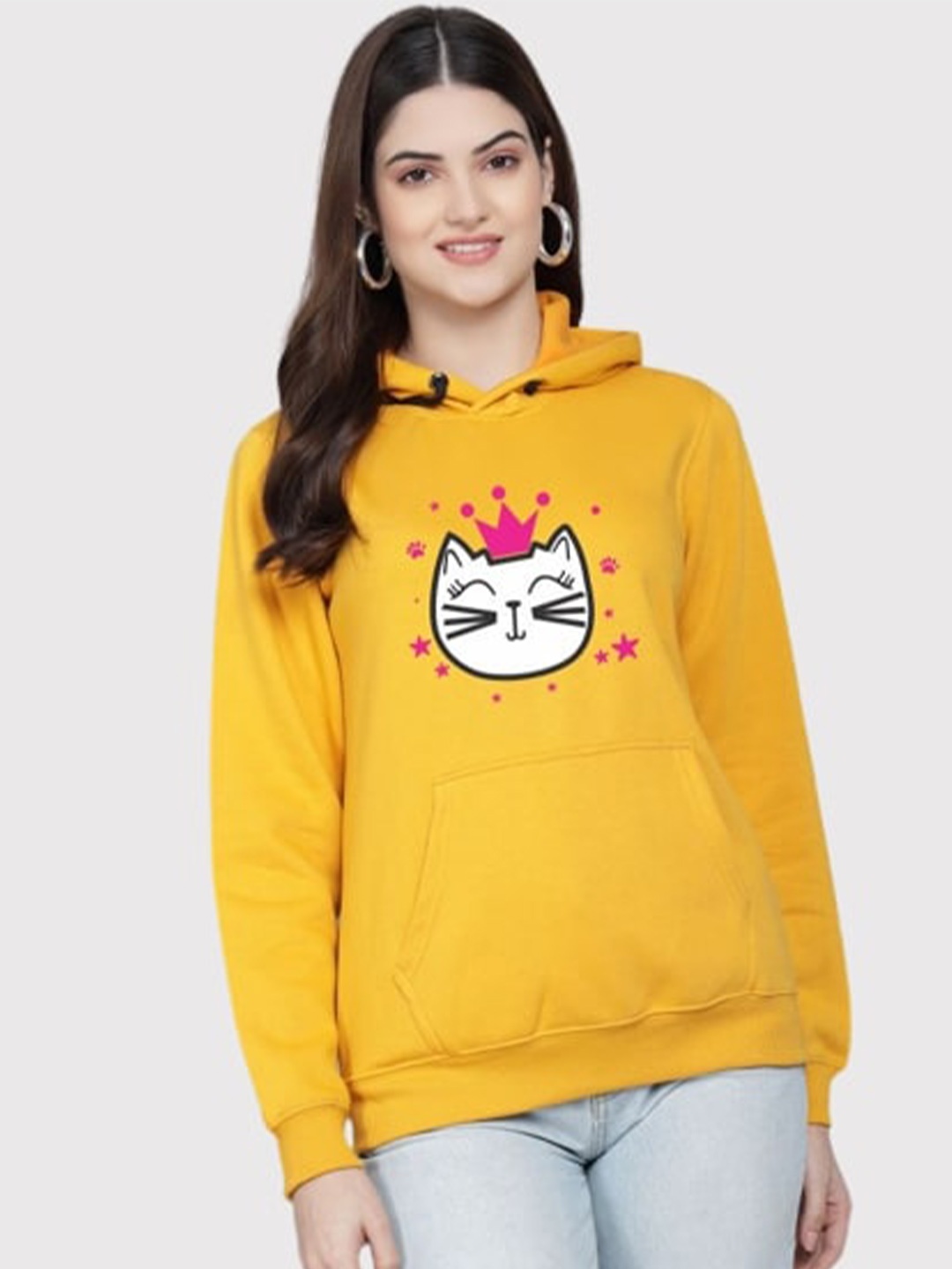 

PockMAN Women Mustard Printed Hooded Sweatshirt