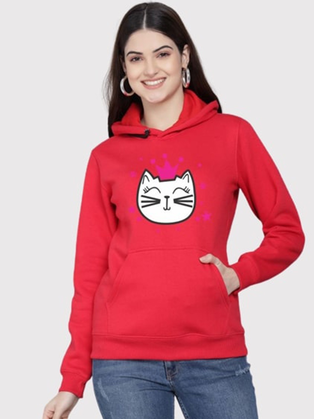 

PockMAN Women Red Printed Hooded Sweatshirt