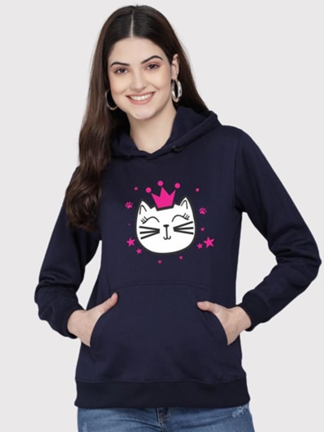 

PockMAN Women Blue Printed Hooded Sweatshirt
