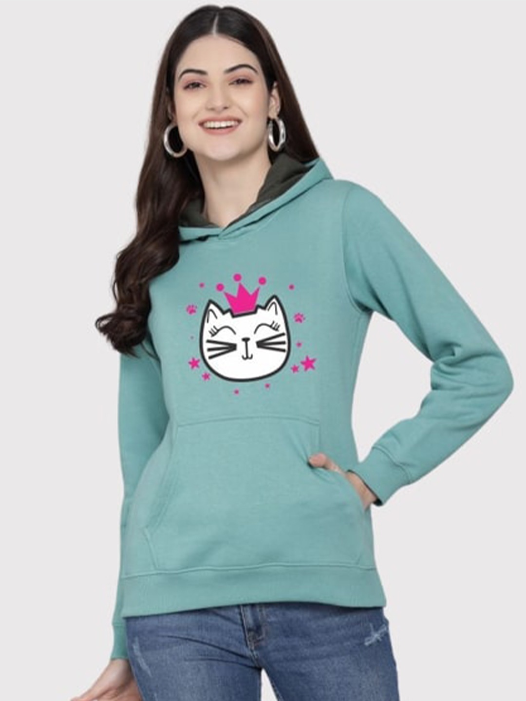 

PockMAN Women Green Printed Hooded Sweatshirt